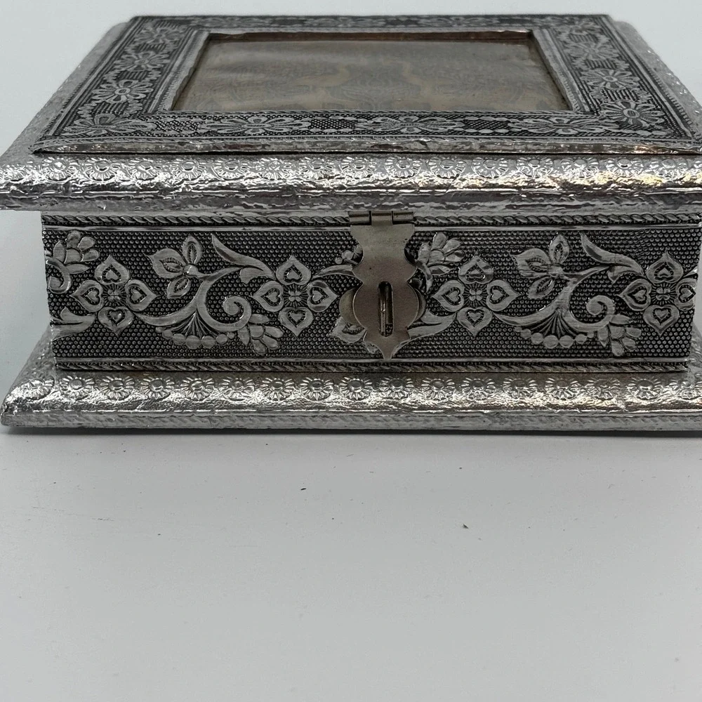 Jewelry Box Boho Silver Copper Elephant Embossed Divided Metal Eclectic Decor